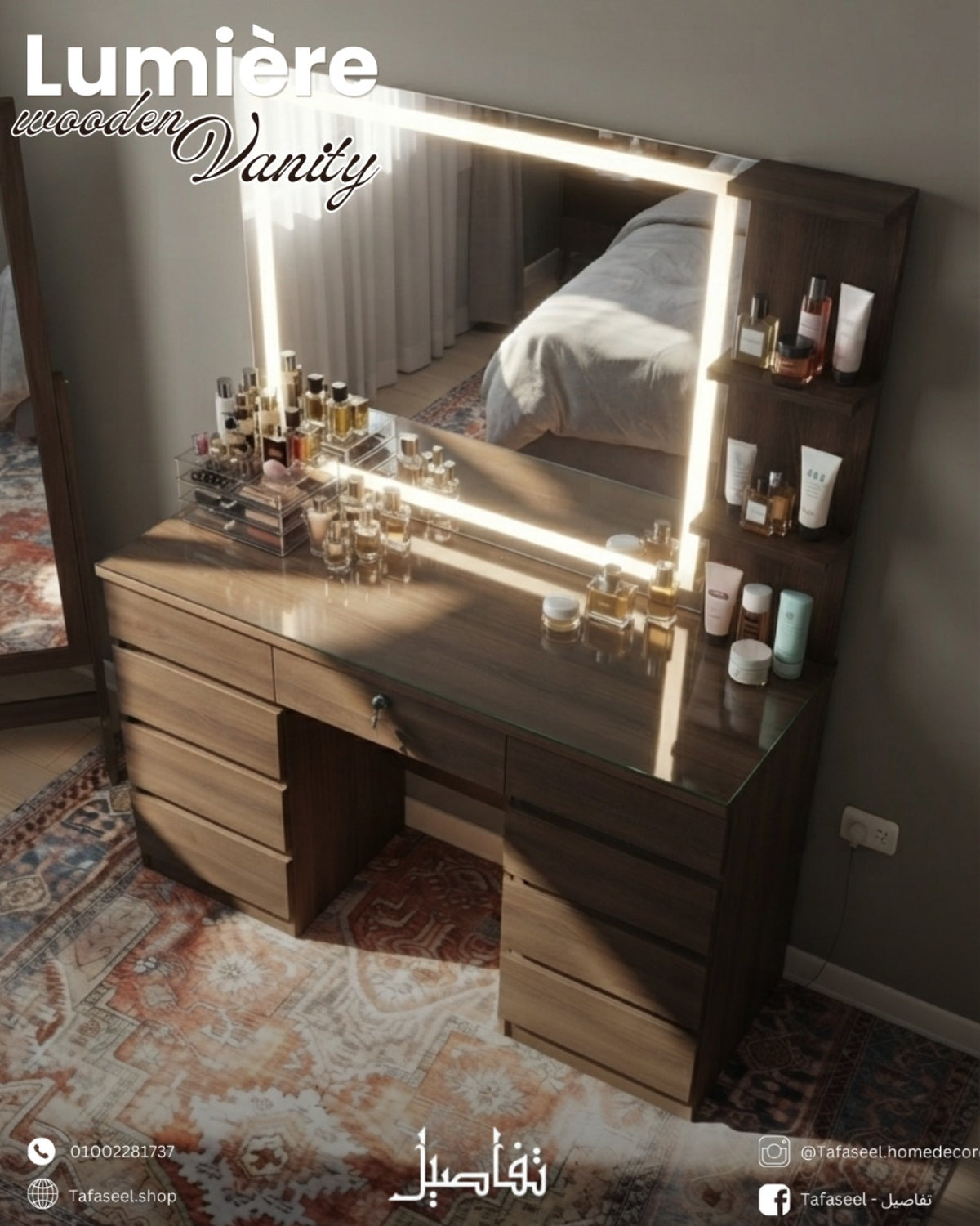 Lumière Wooden Vanity – close-up with LED mirror