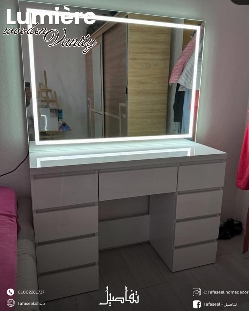 Lumière Wooden Vanity – white finish with LED mirror