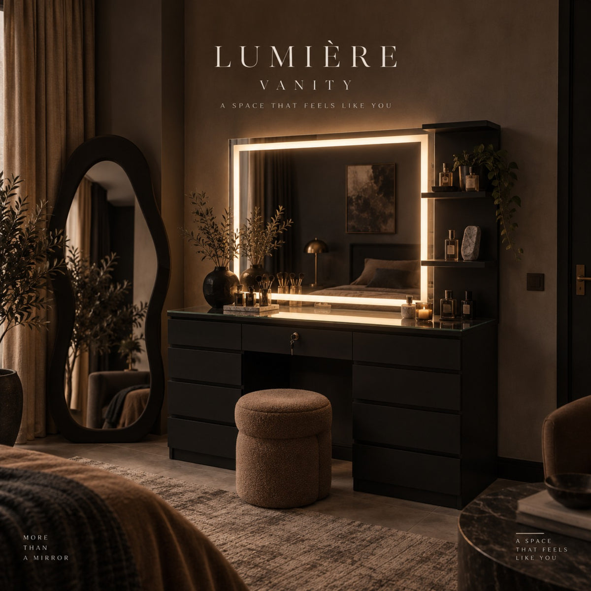 Lumière Vanity – luxury black vanity in bedroom