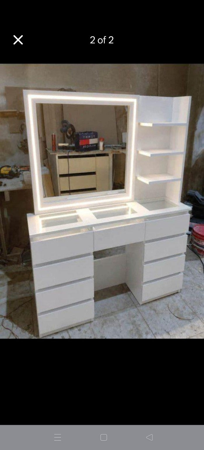 Lumière Vanity – white LED mirror vanity with side shelves