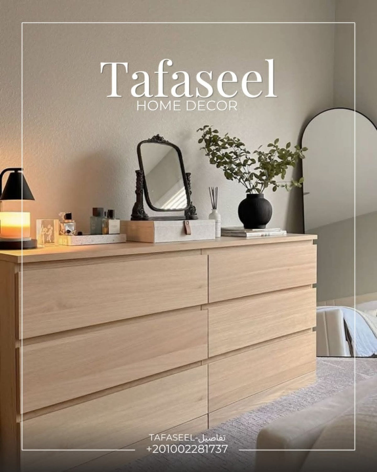 Nova Dresser by Tafaseel Home Decor - white drawer unit with round mirrors