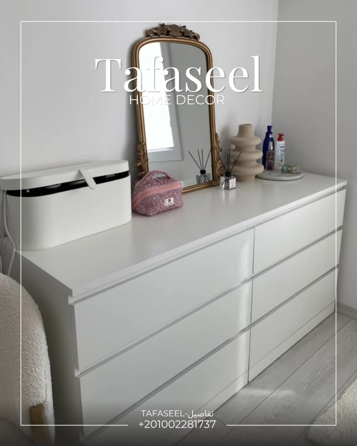 Nova Dresser by Tafaseel Home Decor - white dresser with vintage mirror