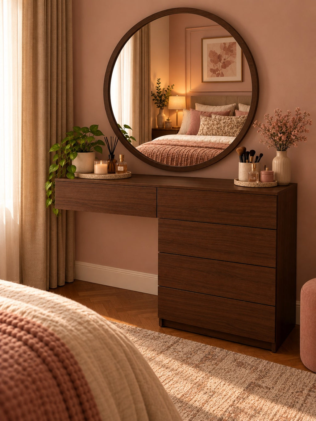 L Shape Vanity by Tafaseel Home Decor - dark wood corner vanity