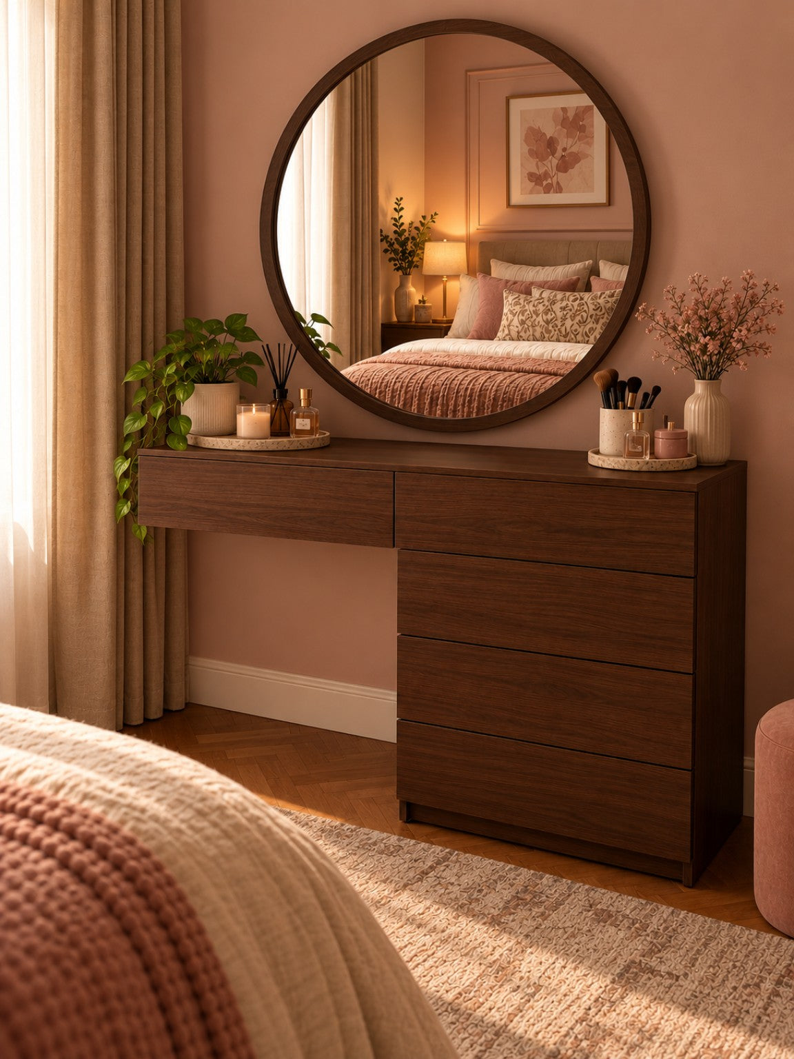 L Shape Vanity by Tafaseel Home Decor - dark wood corner vanity