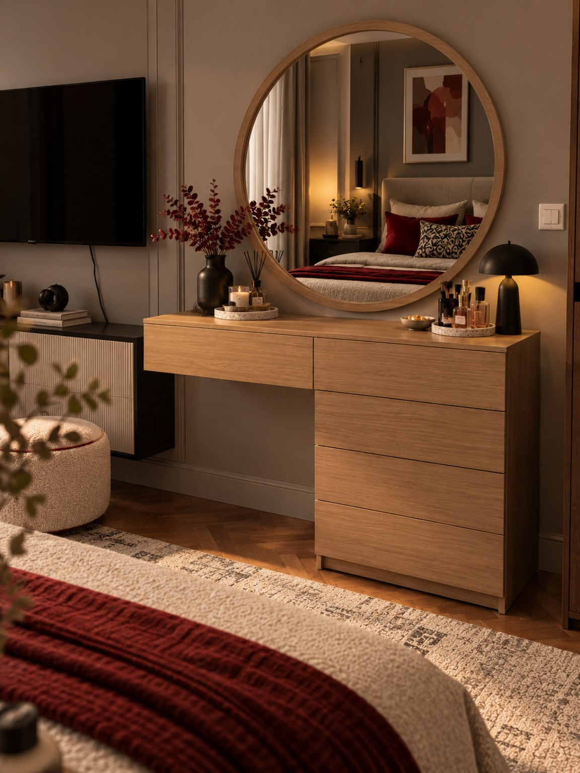 L Shape Vanity by Tafaseel Home Decor - dark wood vanity with round mirror