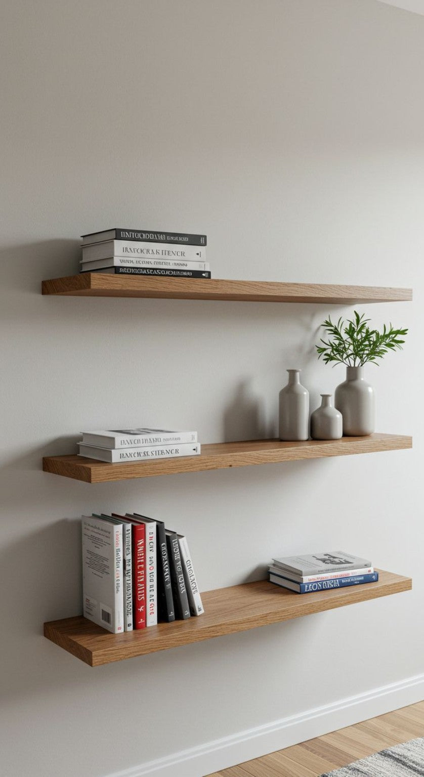 Floating flat shelves with books and decor