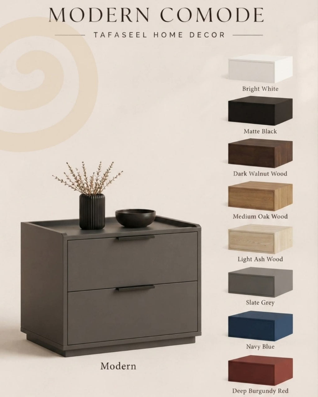 Modern MDF two drawer nightstand by Tafaseel Home Decor