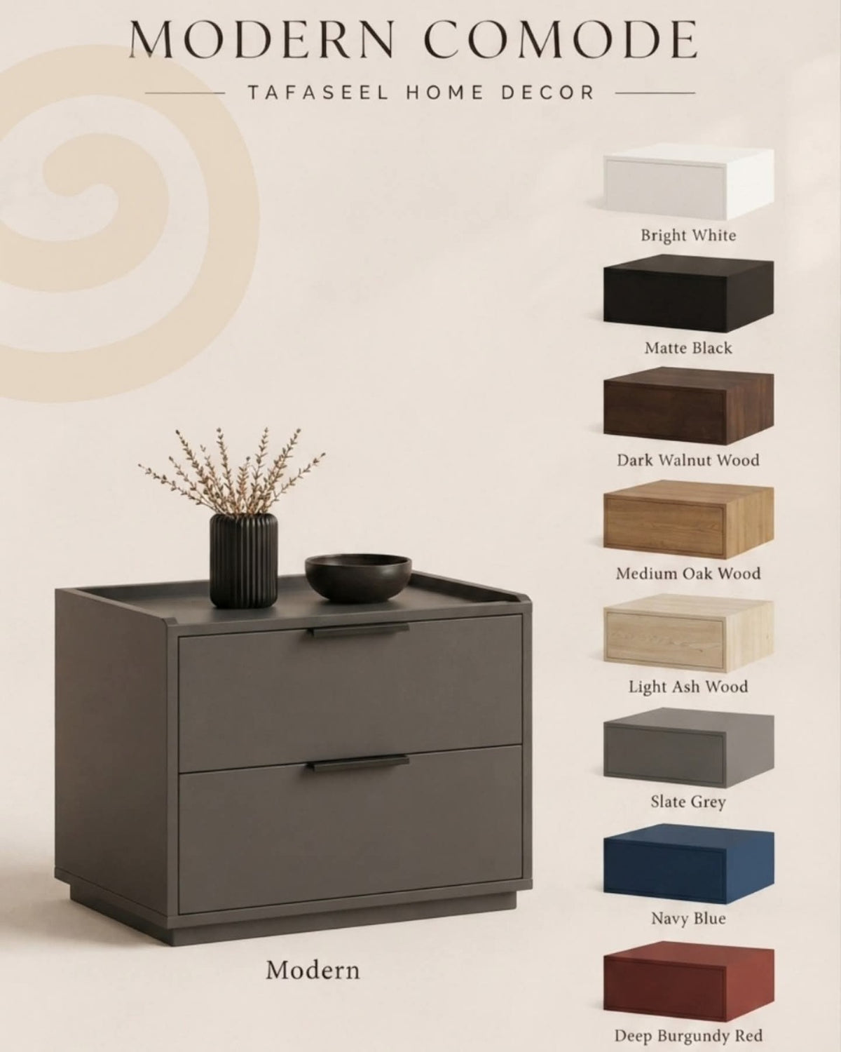 Modern MDF two drawer nightstand by Tafaseel Home Decor