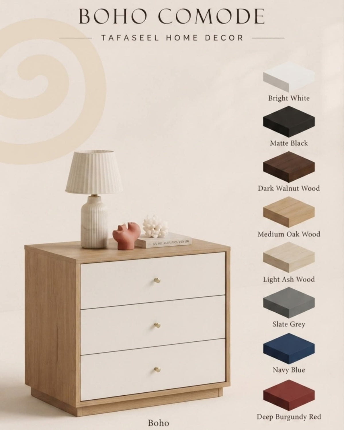 Boho Comode in light wood with white drawers by Tafaseel Home Decor