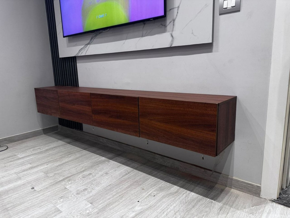 Plain TV Unit wall mounted dark wood finish - Tafaseel Home Decor
