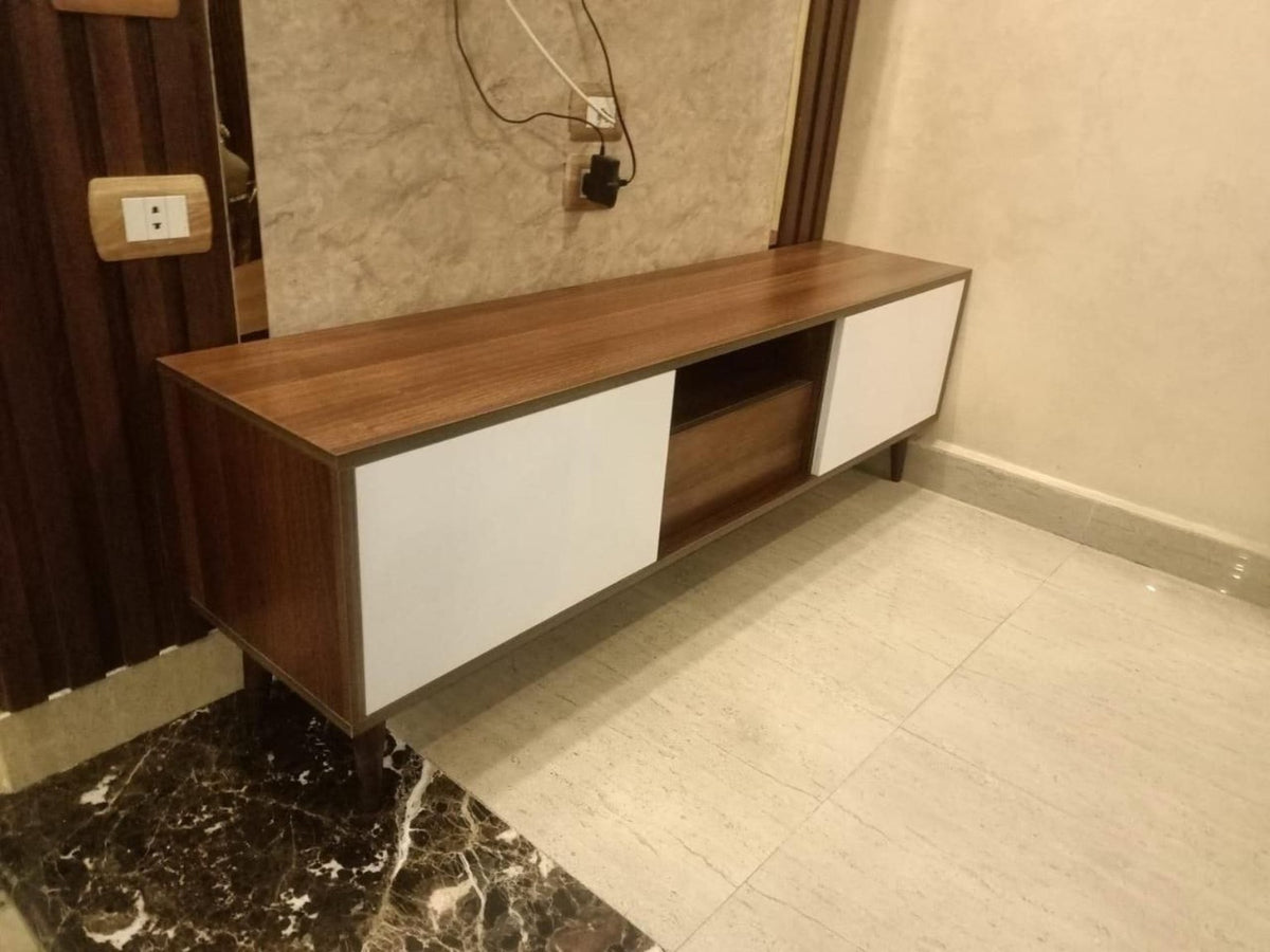 Plain TV Unit wood and white storage design - Tafaseel Home Decor
