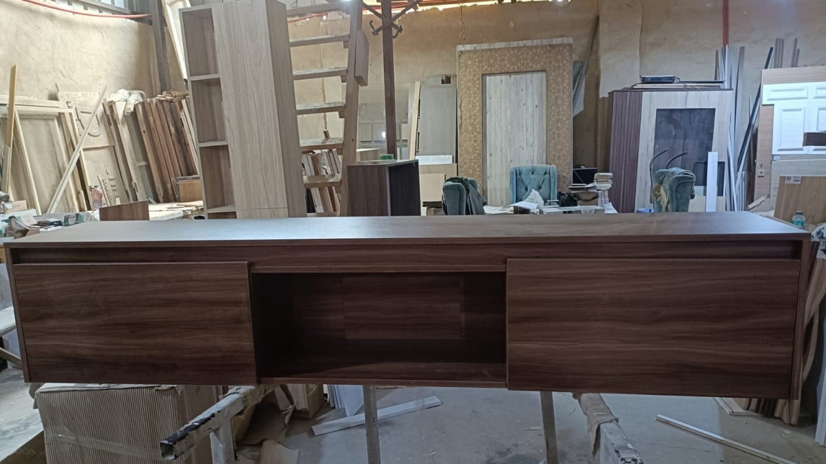 Plain TV Unit dark wood workshop finish - Tafaseel Home Decor