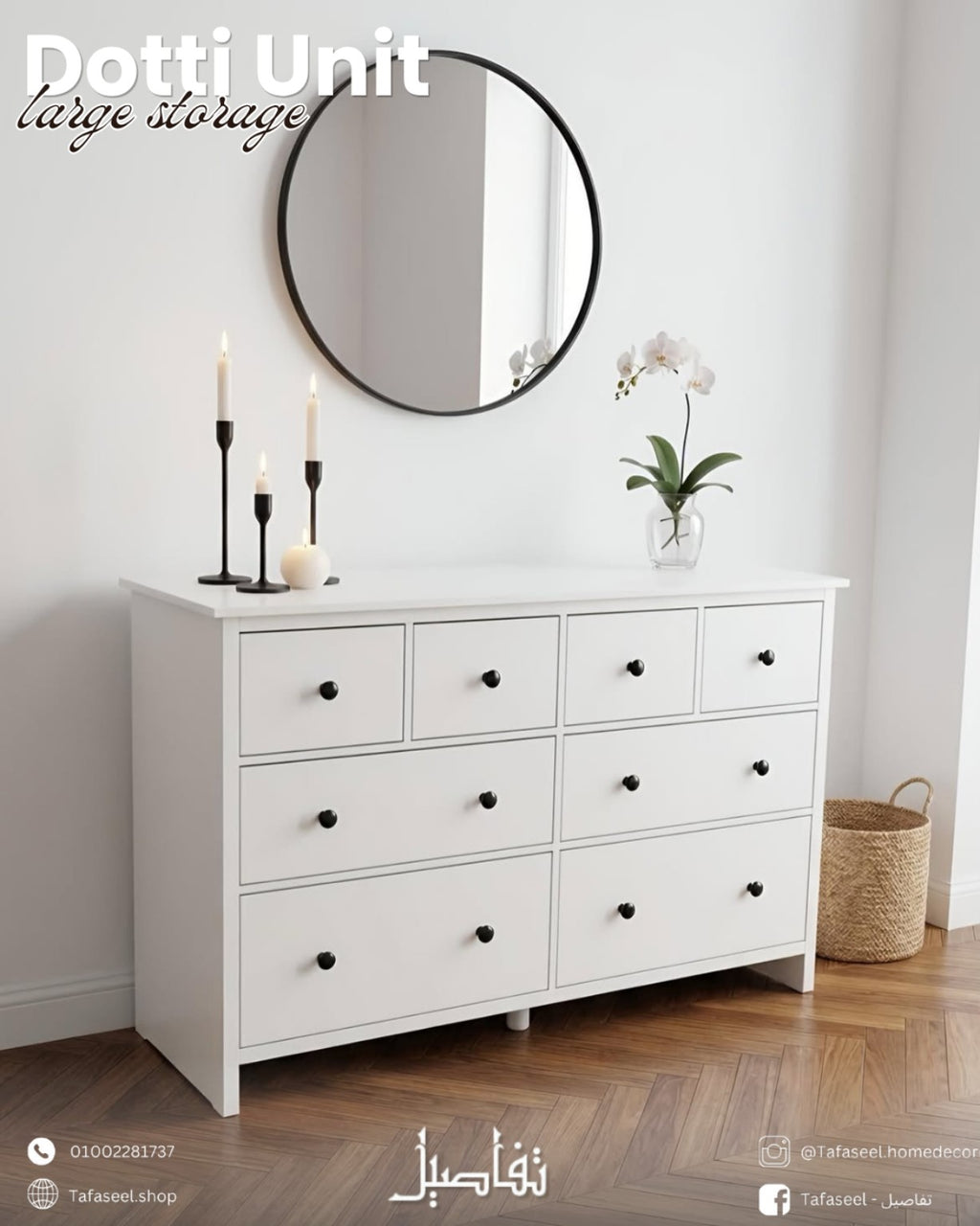 Dotti Unit drawer unit in white with round mirror