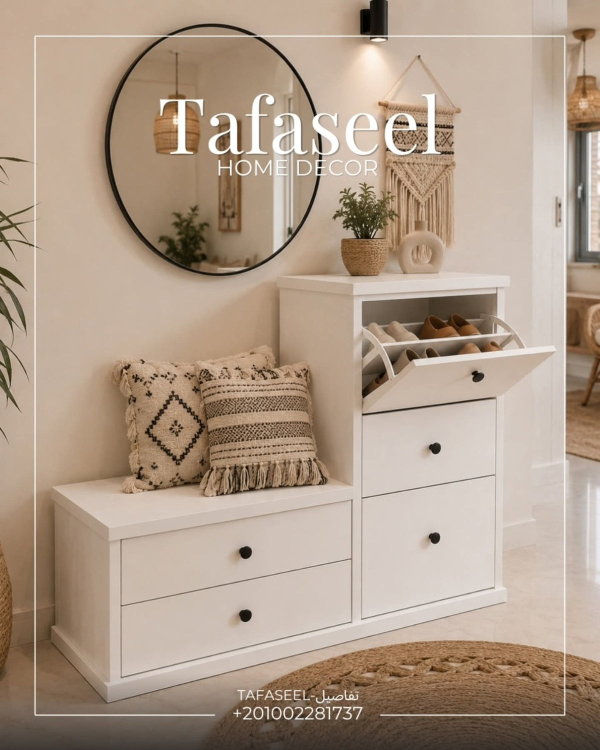 Entrance Cabinet in white with round mirror