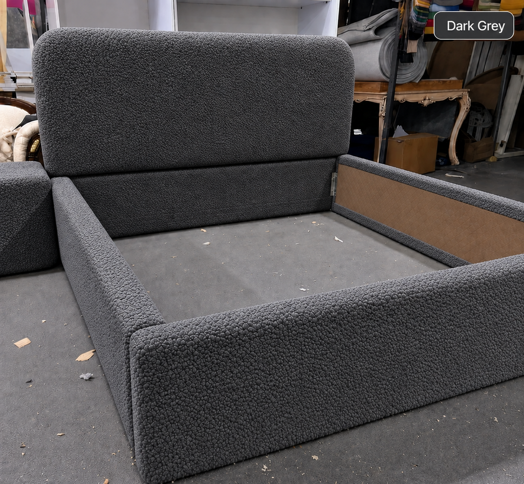 Teddy Boucle Bed — upholstered headboard detail by Tafaseel Home Decor