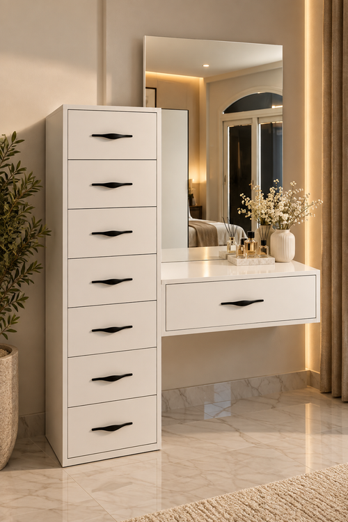 Custom Drawers Vanity — white drawer vanity with mirror by Tafaseel Home Decor