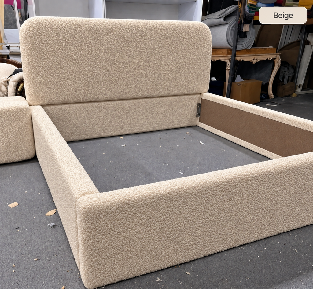 Teddy Boucle Bed — upholstered bed finish detail by Tafaseel Home Decor