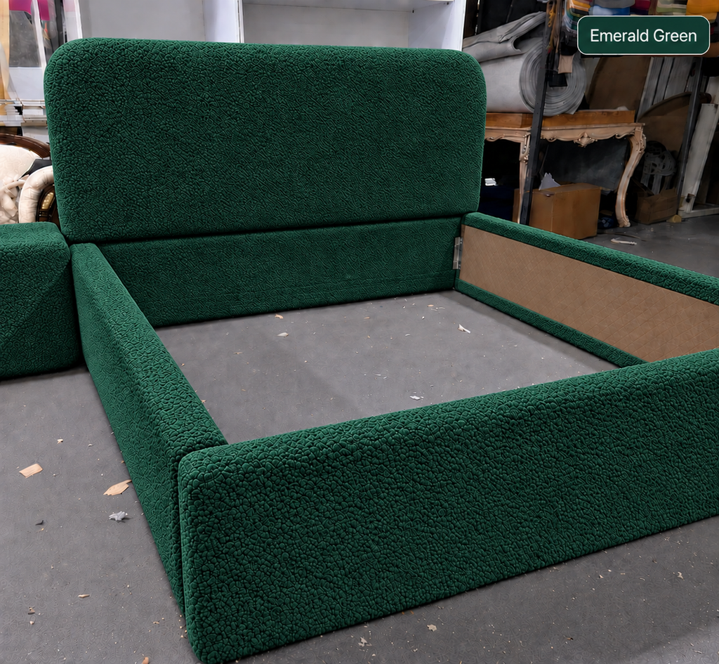 Teddy Boucle Bed — upholstered bed side detail by Tafaseel Home Decor
