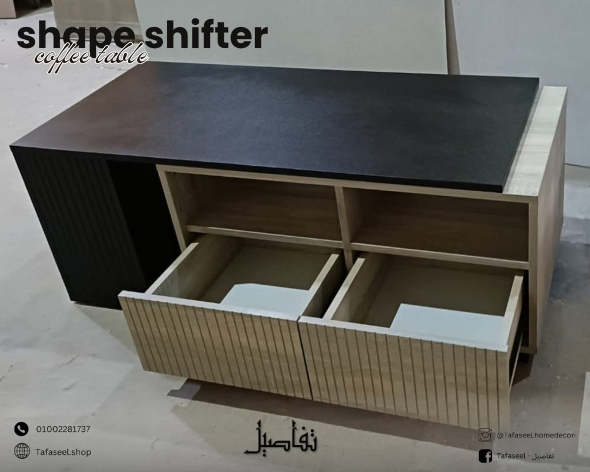 Shape Shifter Coffee Table with drawers open