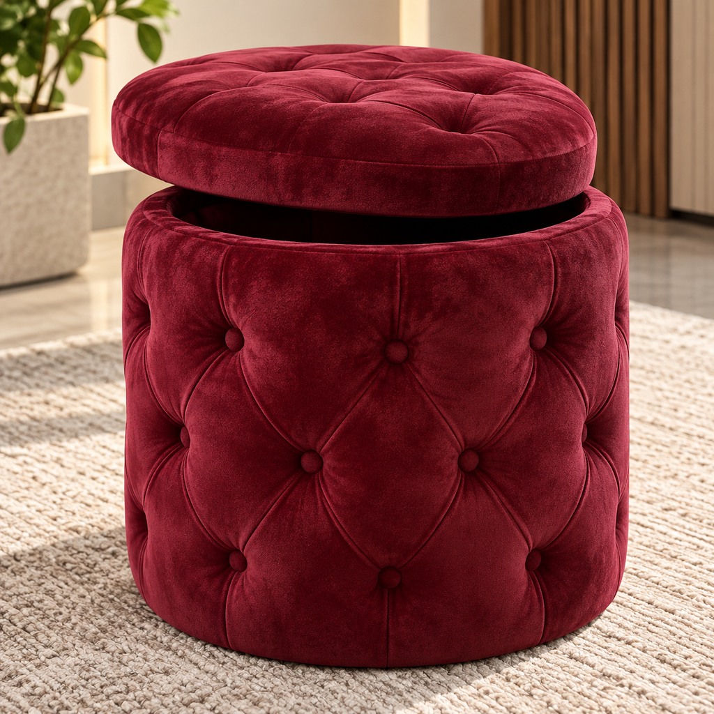 Burgundy velvet storage pouf with button tufting by Tafaseel Home Decor
