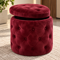 Burgundy velvet storage pouf with button tufting by Tafaseel Home Decor