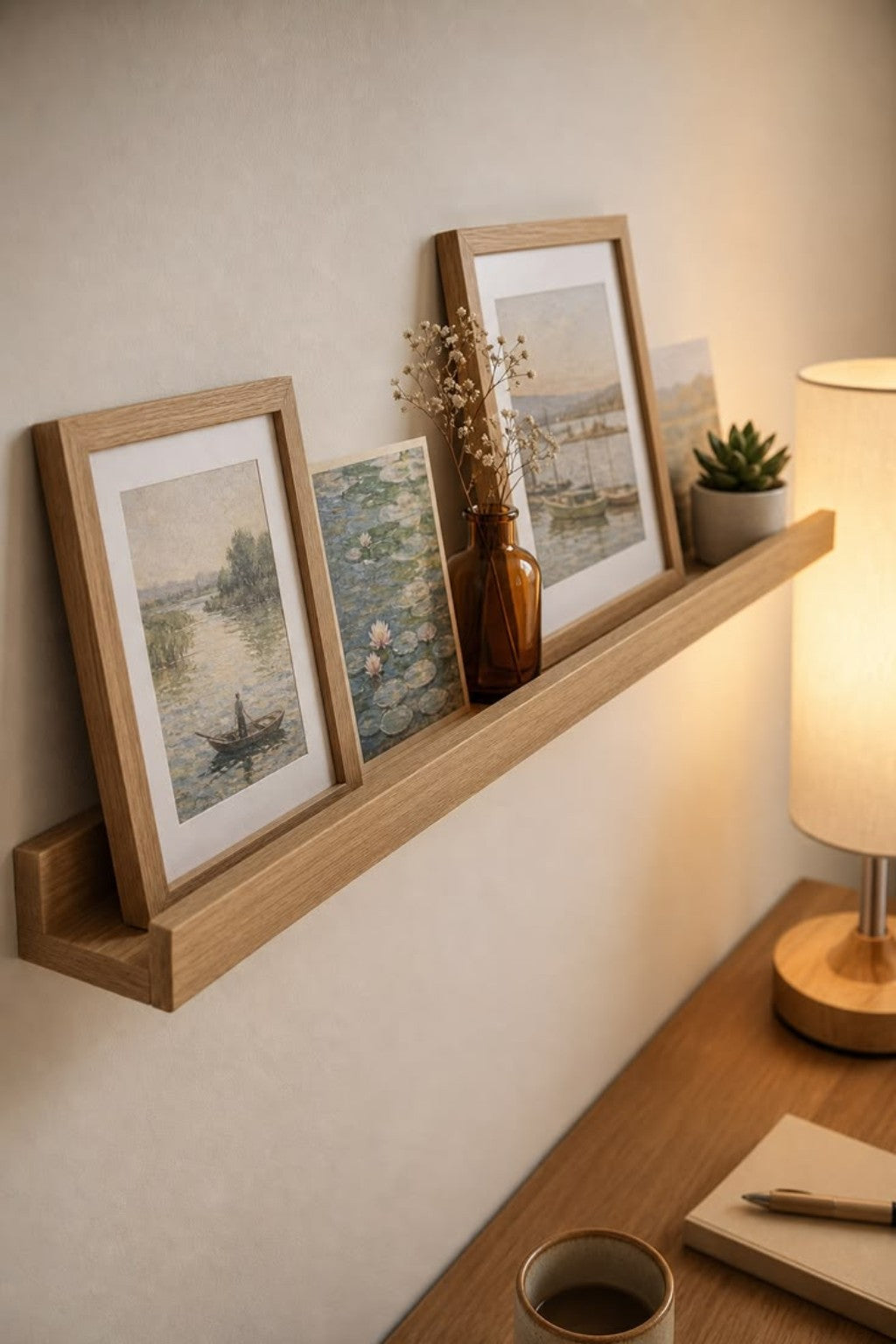 U Shape Wall Shelf styled with framed artwork